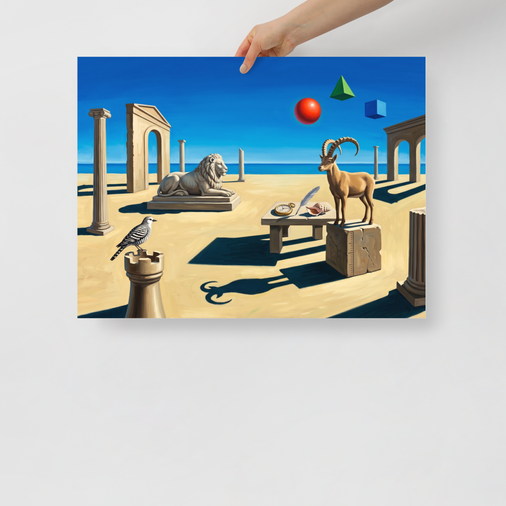'The Keeper of Sands and Time' — a Surrealism print. A surreal painting showing a stone lion, an ibex, and floating shapes on a sandy beach under a blue sky, perfect for a Bedroom.