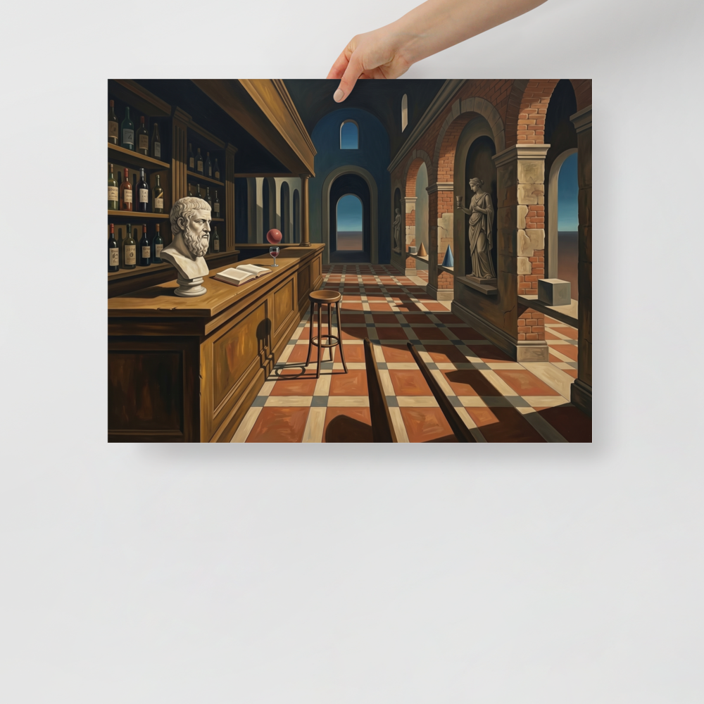 'The Philosopher's Tavern' — a Metaphysical painting print. A metaphysical painting of a tavern interior featuring a philosopher bust, a floating red sphere, and classical arches, perfect for a Home Bar.