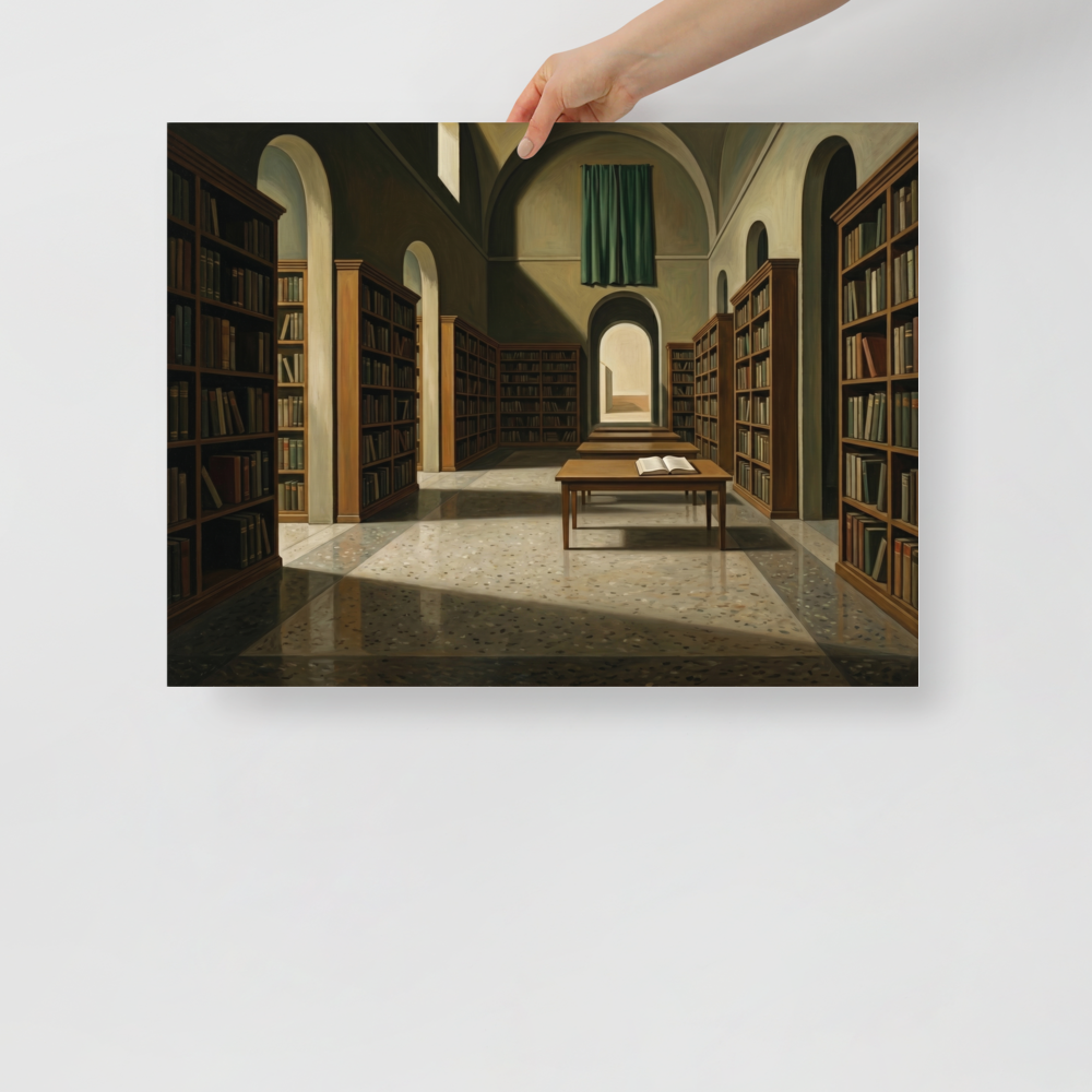 'The Silent Archive' — a Metaphysical painting print. An oil painting of a vast, silent library with an open book on a central table, perfect for an Office or Library.