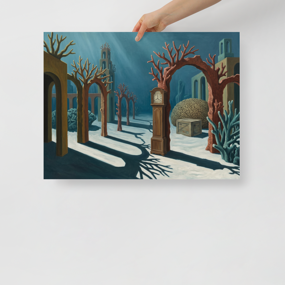 'The Sunken Hours' — a Surrealism print. A surreal underwater painting of a grandfather clock standing among coral arches on the ocean floor, perfect for a Bathroom.