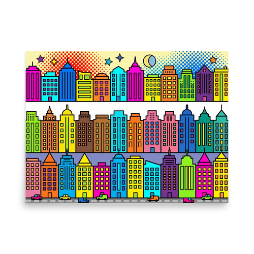 'Bright City Blocks' — a Pop art print. A vibrant pop art illustration showing rows of brightly colored city buildings, stars, and tiny cars, perfect for a playful office or nursery.