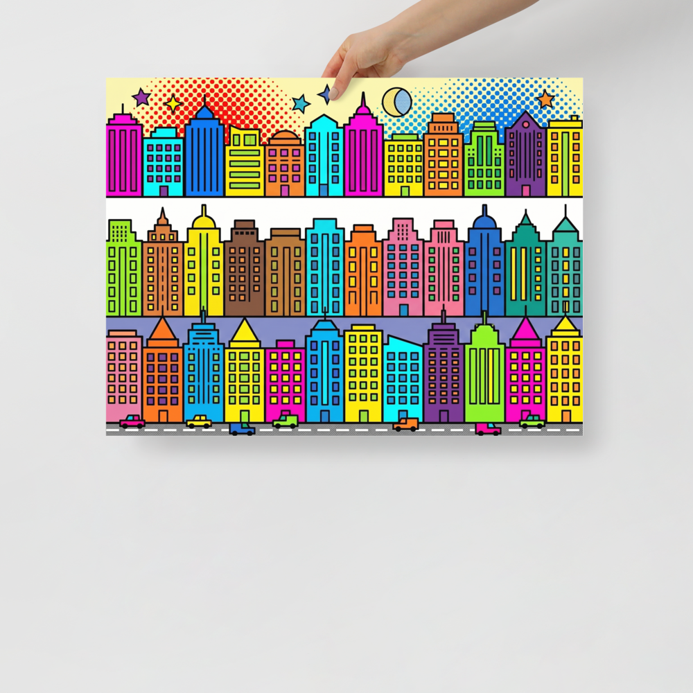 'Bright City Blocks' — a Pop art print. A vibrant pop art illustration showing rows of brightly colored city buildings, stars, and tiny cars, perfect for a playful office or nursery.