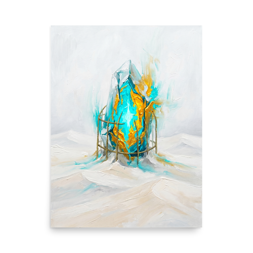 'Caged Luminescence' — a Surrealism,Abstract expressionism print. A surreal impasto oil painting of a glowing cyan and gold crystal in a cage rising from white snow, adding a striking abstract element to a modern office.