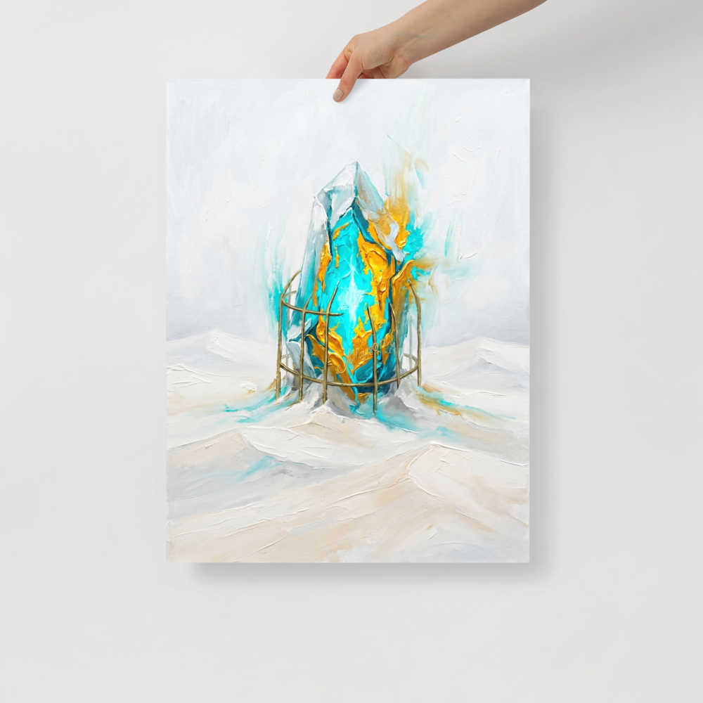 'Caged Luminescence' — a Surrealism,Abstract expressionism print. A surreal impasto oil painting of a glowing cyan and gold crystal in a cage rising from white snow, adding a striking abstract element to a modern office.