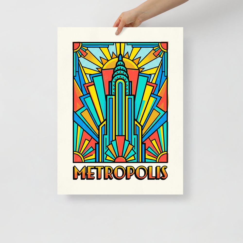 'Metropolis Deco' — a Pop art print. A vibrant pop art poster of an Art Deco skyscraper with sunbursts and the text METROPOLIS, perfect for a stylish home office or living room.