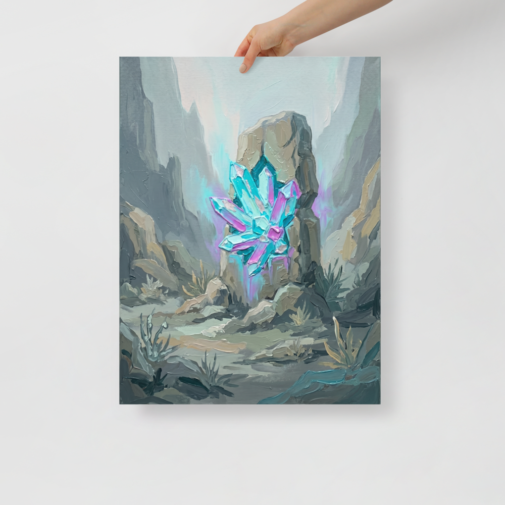 'Monolith's Crystal Heart' — a Surrealism,Impressionism print. An impasto oil painting of a bright cyan and purple crystal cluster embedded in a gray stone monolith in a muted canyon, perfect for adding a mystical touch to an office or living room.