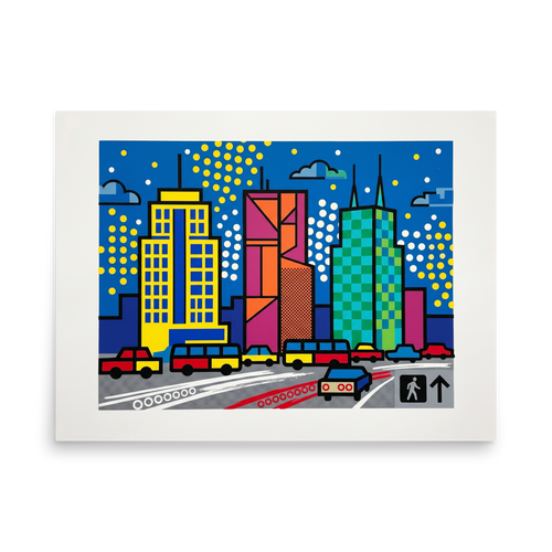 'City Commute Pop' — a Pop art print. A colorful pop art print of a city skyline with geometric buildings and traffic on the street below, perfect for a modern office or living room.