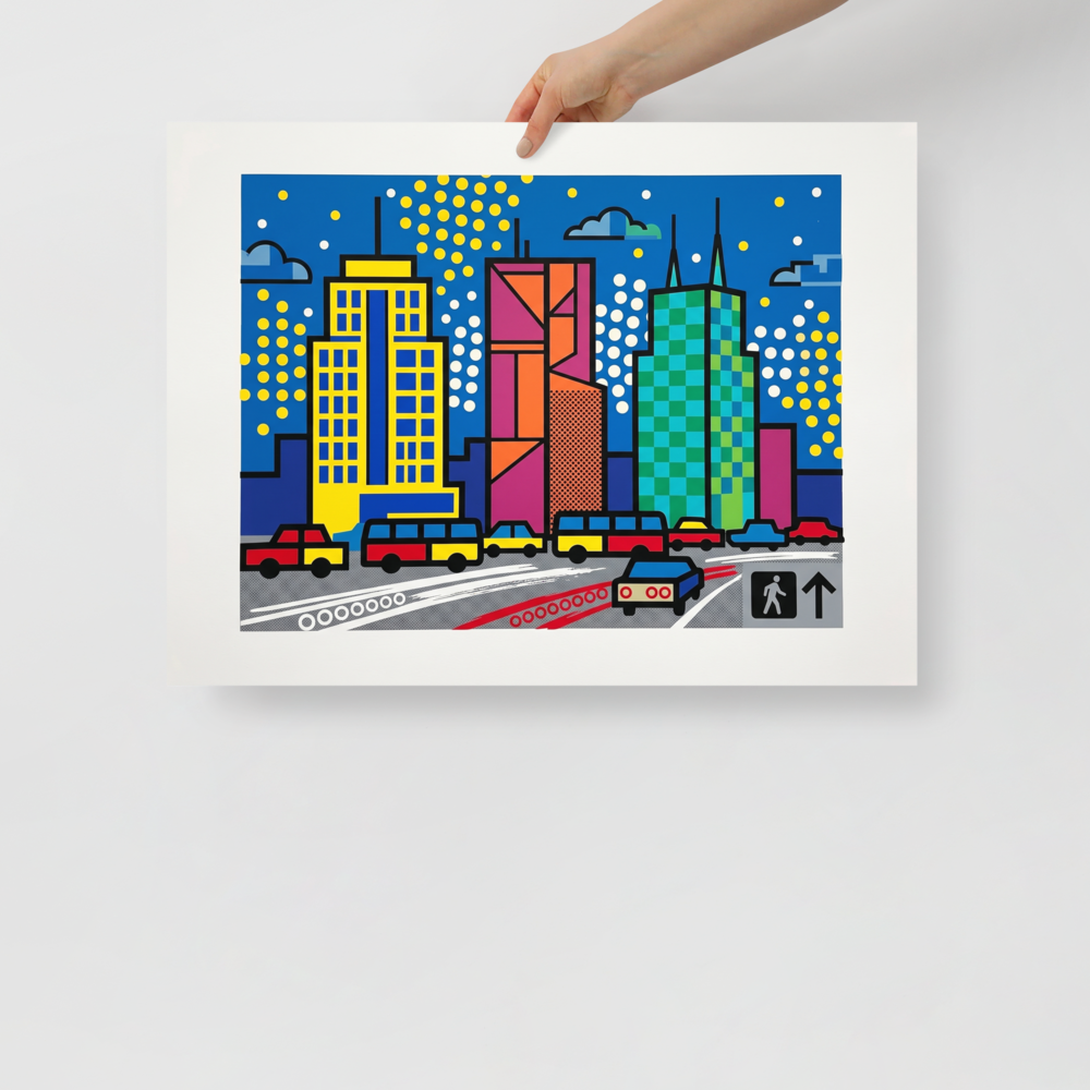 'City Commute Pop' — a Pop art print. A colorful pop art print of a city skyline with geometric buildings and traffic on the street below, perfect for a modern office or living room.