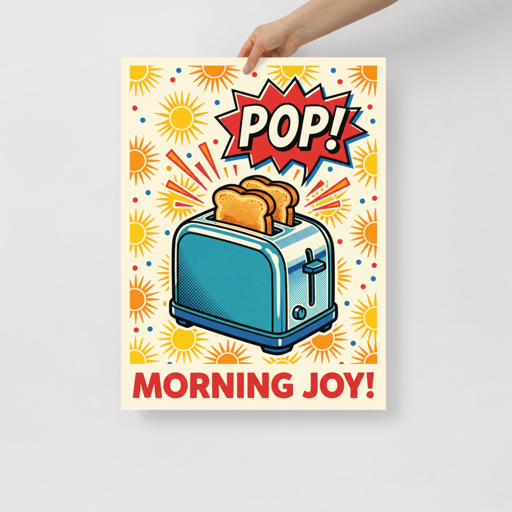 'Morning Joy Toaster' — a Pop art print. A vibrant Pop Art illustration of a blue toaster with golden toast popping out, accompanied by a POP speech bubble and a sunny background, perfect for a cheerful Kitchen.