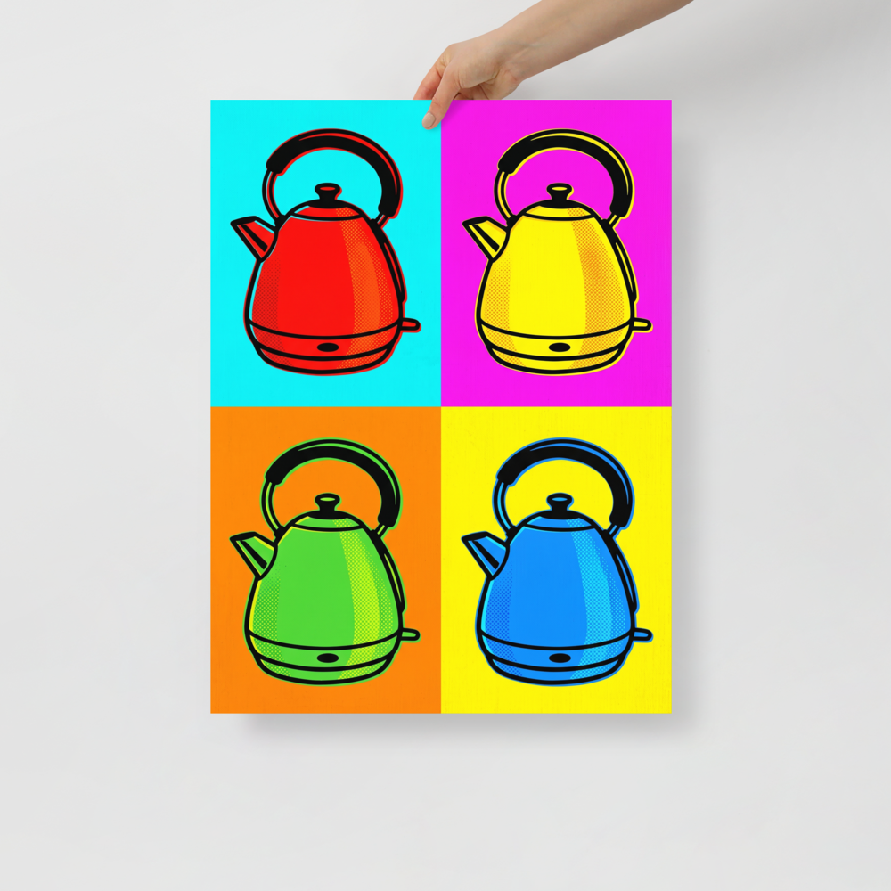 'Quad Chroma Kettle' — a Pop art print. A four-panel pop art illustration featuring a kettle in red, yellow, green, and blue against contrasting bright backgrounds, perfect for a modern Kitchen.