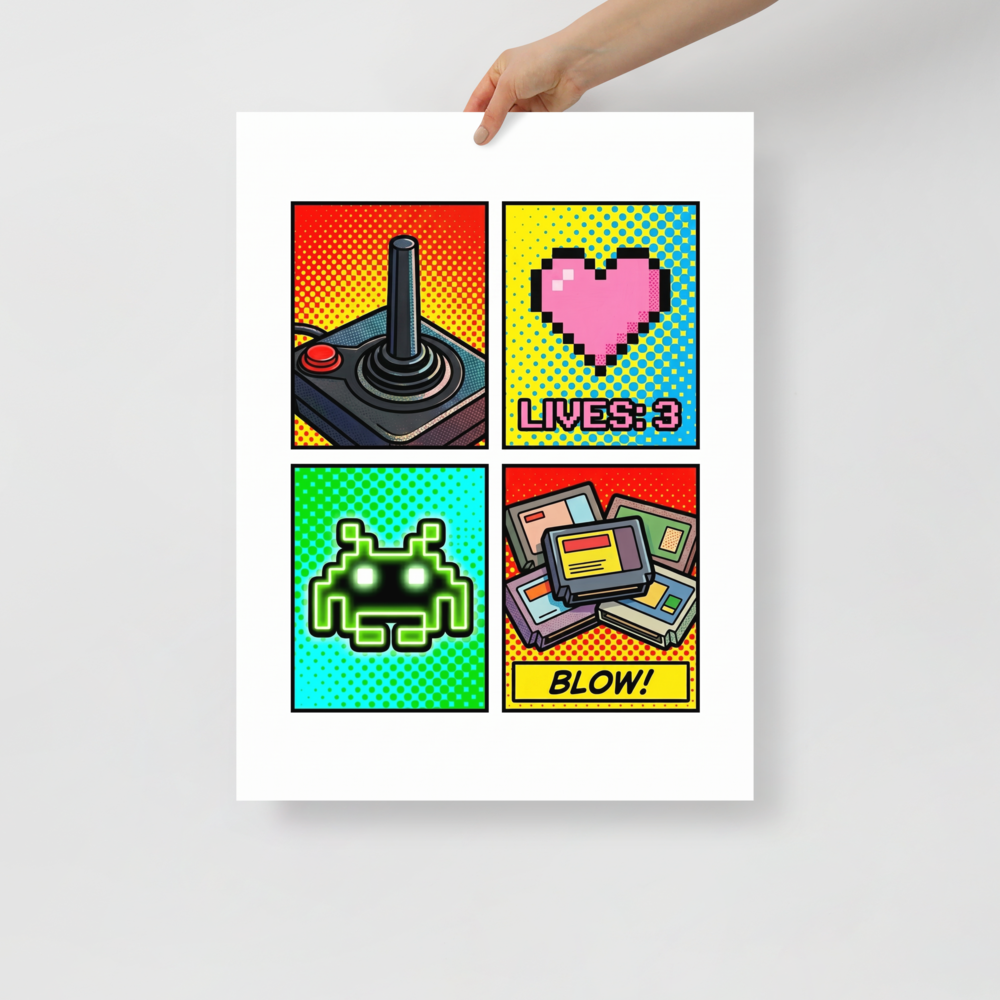 'Retro Arcade Memories' — a Pop art print. A pop art collage of retro video game elements including a joystick, a pixel heart with lives remaining, a space invader, and game cartridges, set against bright dotted backgrounds.