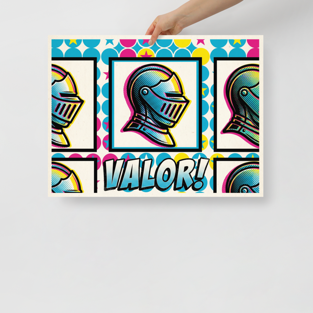 'Pop Art Valor' — a Pop art print. A pop art illustration featuring a repeated knight's helmet in cyan and yellow, set against a background of colorful circles and stars, with the word VALOR written below, perfect for a Game Room.