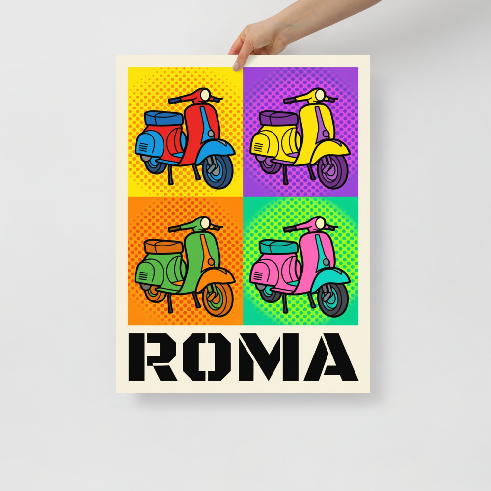 'Roma Scooter Pop' — a Pop art print. A vibrant four-panel pop art illustration of classic Italian scooters in primary colors with dotted backgrounds, sitting above the bold text ROMA.