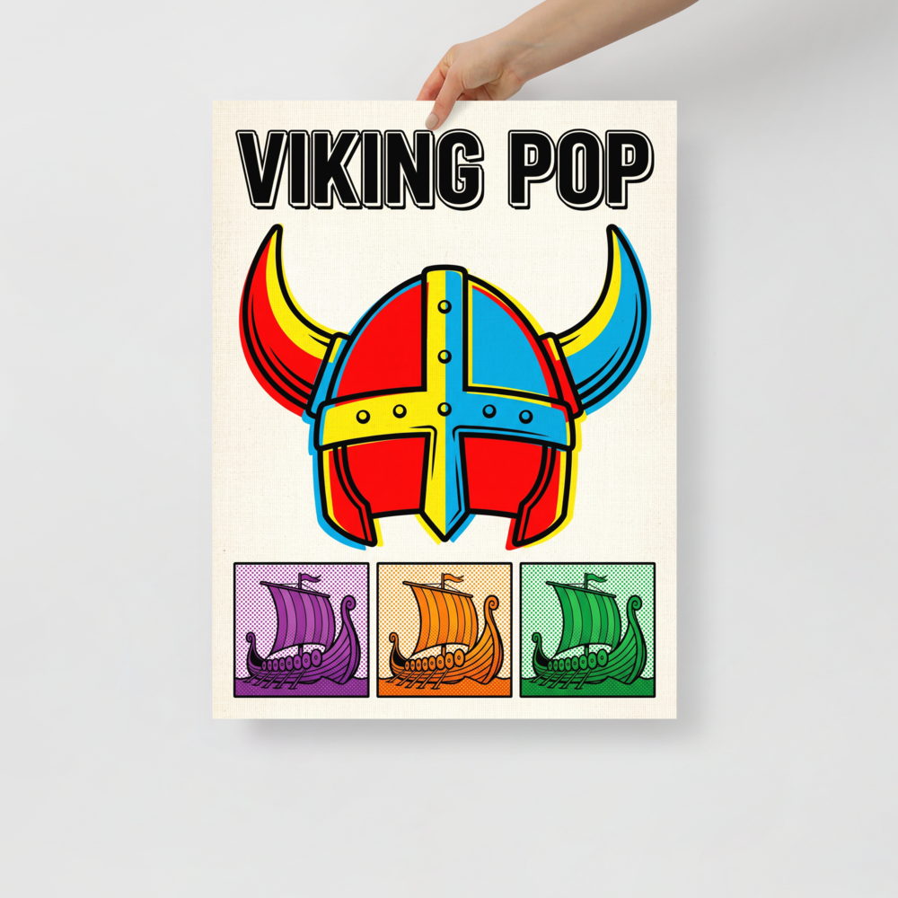 'Viking Pop' — a Pop art print. A pop art poster titled Viking Pop featuring a colorful horned helmet above three small panels of Viking longships in purple, orange, and green, perfect for a Game Room.