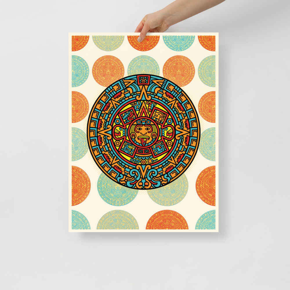 'Pop Aztec Sun' — a Pop art print. A pop art style illustration of the Aztec sun stone in bright cyan, red, and yellow, surrounded by a repeating pattern of faded sun stones on a cream background, perfect for a Living Room.