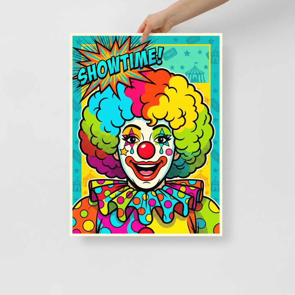 'Showtime Pop Clown' — a Pop art print. A pop art comic style illustration of a smiling clown with rainbow hair and a 'SHOWTIME!' text bubble, perfect for a lively Game Room.