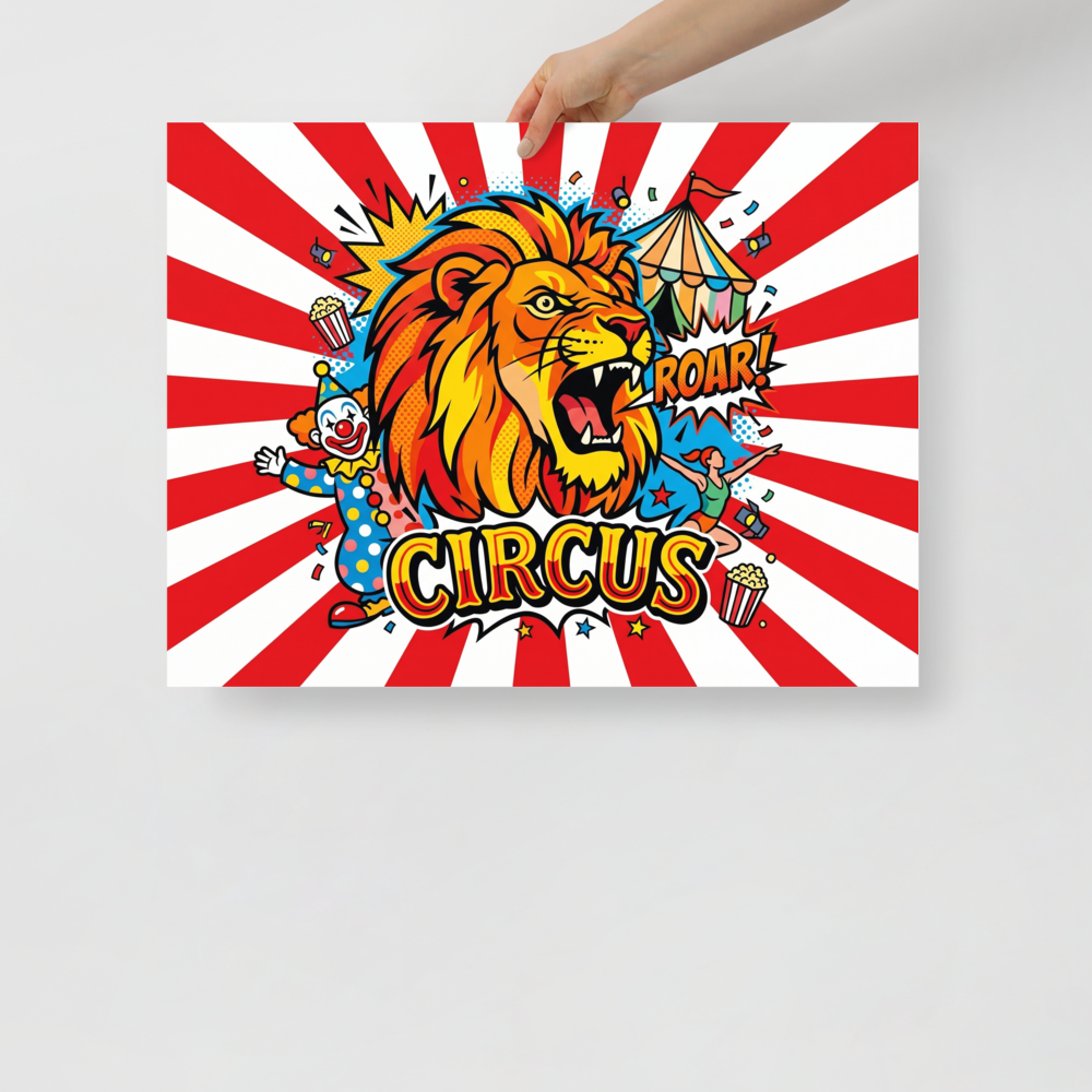 'Roar of the Circus' — a Pop art print. A vibrant pop art poster featuring a roaring lion, a clown, and an acrobat against a red and white sunburst, ideal for a bold Playroom or Game Room.