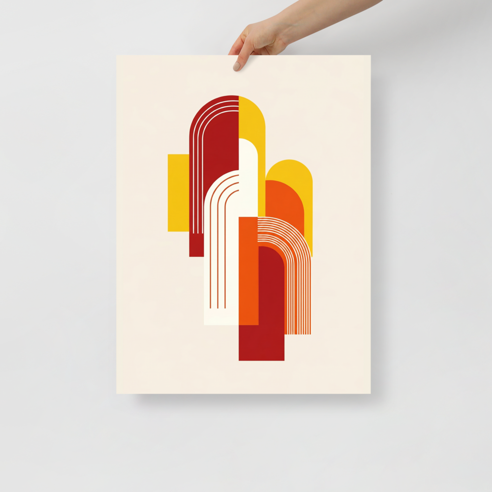 'Sunset Arches' — a Geometric abstract art print. Abstract geometric art featuring intersecting red, orange, and yellow arches, ideal for an Entryway.