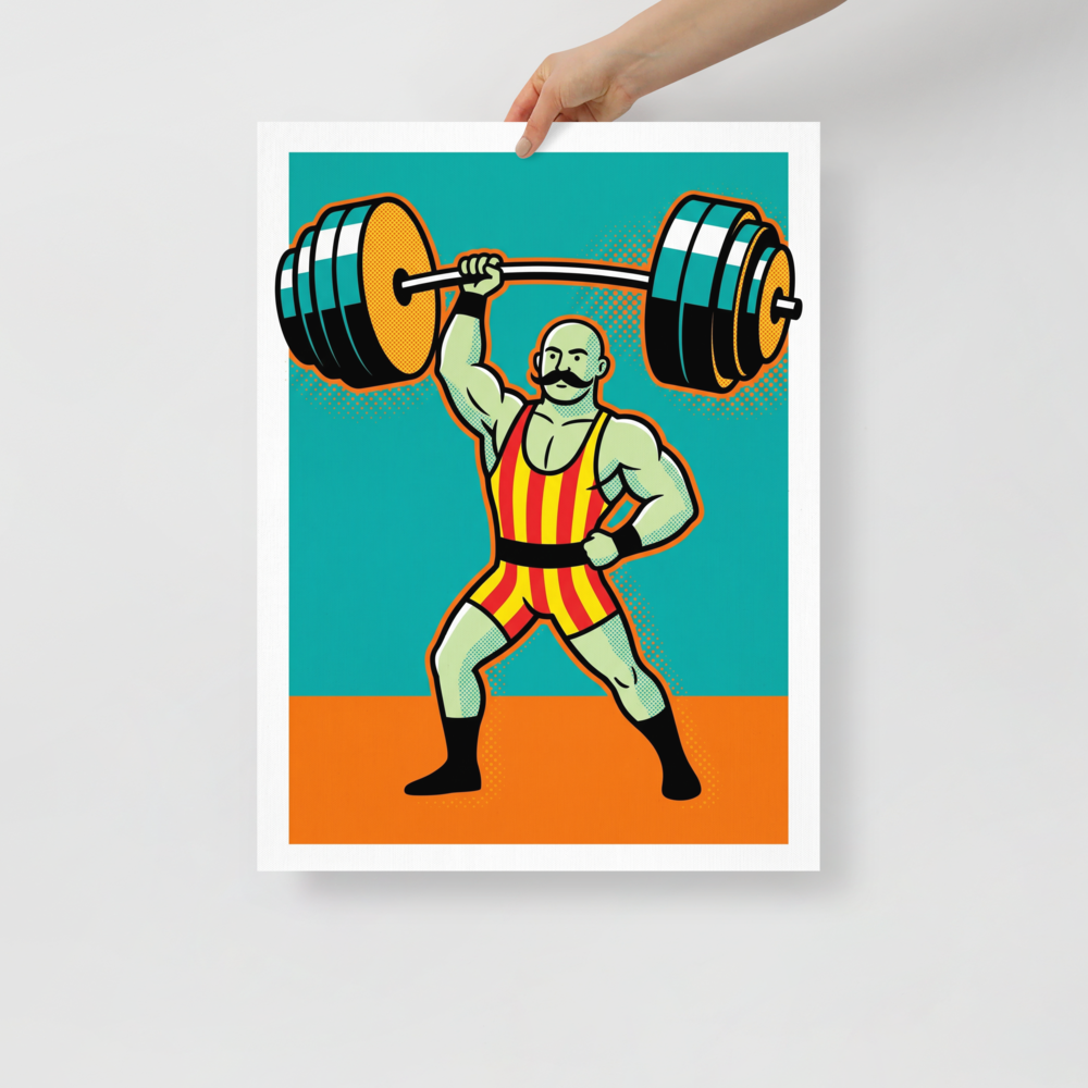 'The Mighty Lifter' — a Pop art print. A retro pop art illustration of a muscular strongman lifting a heavy barbell with one hand against a teal and orange background, perfect for a home Gym.