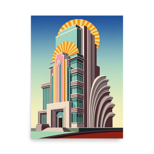 'Deco Metropolis' — a Art Deco print. A stylized illustration of a towering Art Deco skyscraper with a vibrant sunburst backdrop, suited for a Living Room.