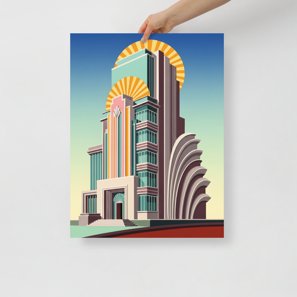 'Deco Metropolis' — a Art Deco print. A stylized illustration of a towering Art Deco skyscraper with a vibrant sunburst backdrop, suited for a Living Room.
