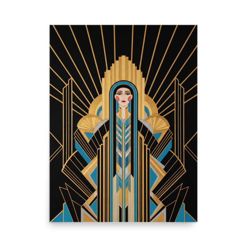 'Deco Empress' — a Art Deco print. An elegant Art Deco portrait of a woman in geometric black and blue garments against a golden sunburst, perfect for a Bedroom.