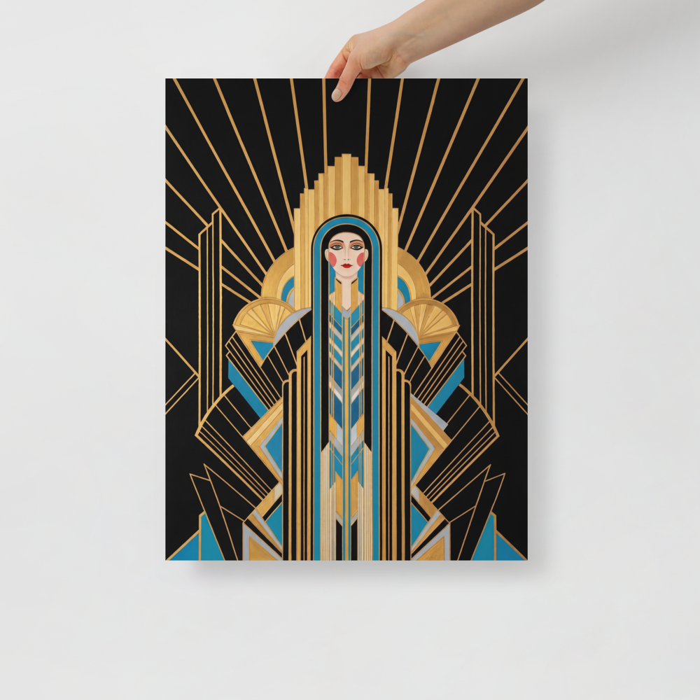 'Deco Empress' — a Art Deco print. An elegant Art Deco portrait of a woman in geometric black and blue garments against a golden sunburst, perfect for a Bedroom.