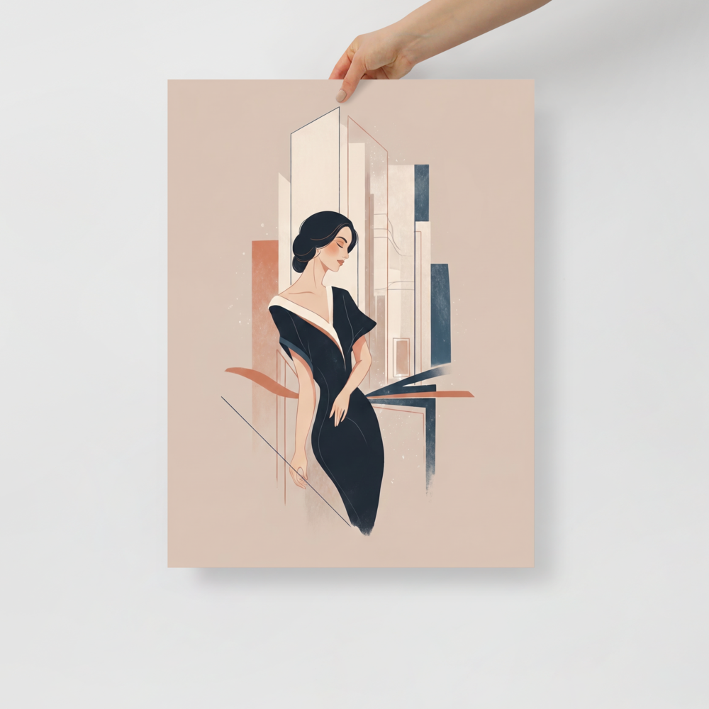 'Midnight Chic' — a Art Deco print. A chic, minimalist illustration of a woman in a black dress against a soft geometric background, suited for a Walk-in Closet.