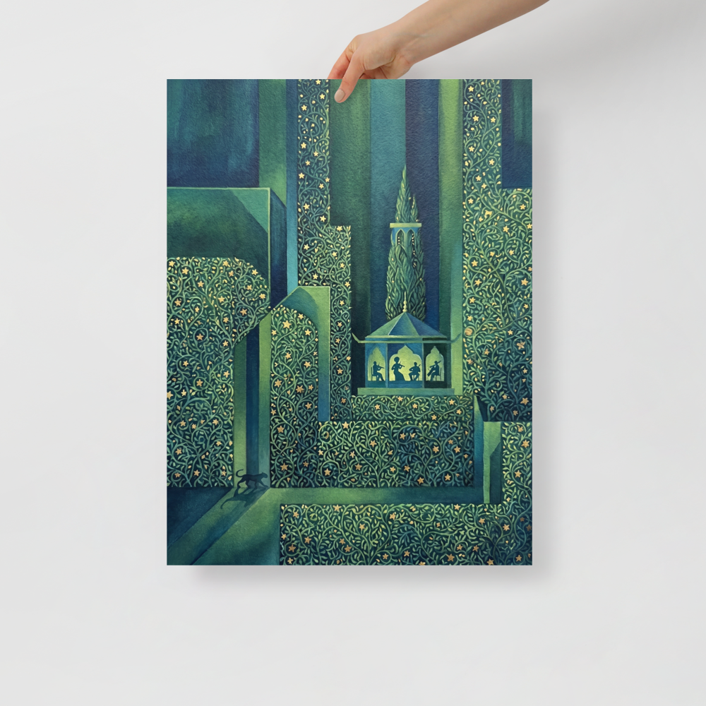 'Starlight Serenade' — a Art Deco print. A magical garden at night with geometric hedges, golden stars, and silhouettes of musicians playing in a gazebo, ideal for a Sunroom.