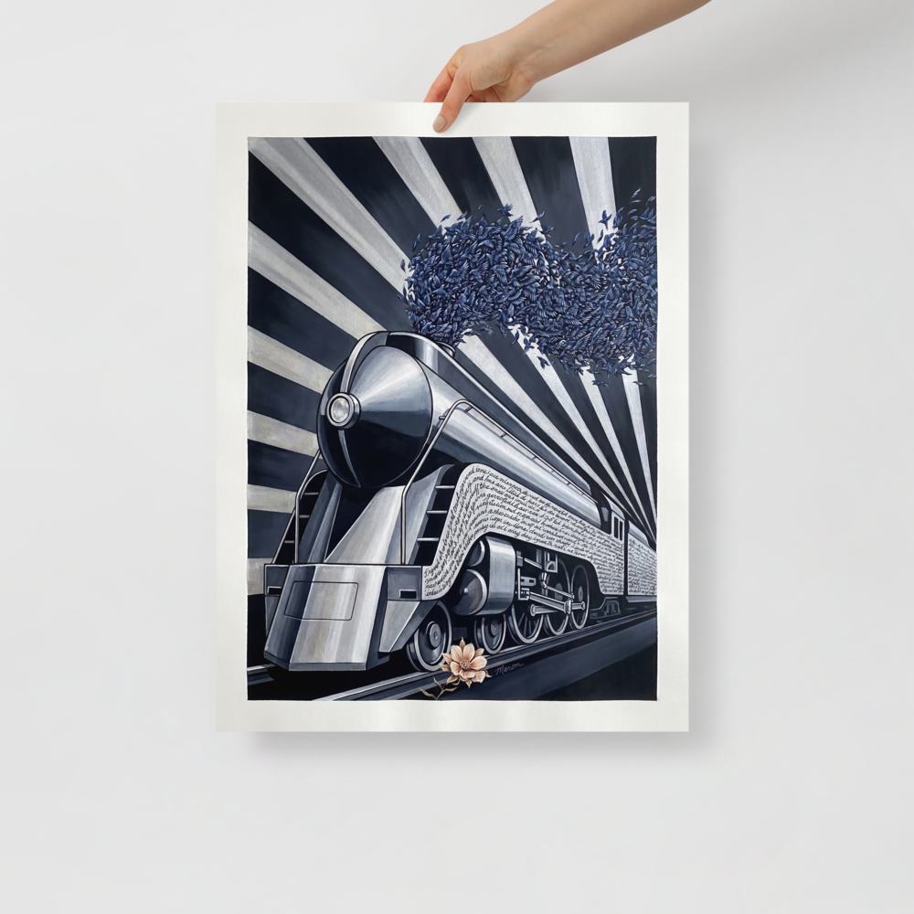 'The Aviary Express' — a Art Deco,Surrealism print. A surreal Art Deco illustration of a vintage train with blue birds flying out of the smokestack against black and white stripes, perfect for an Office.