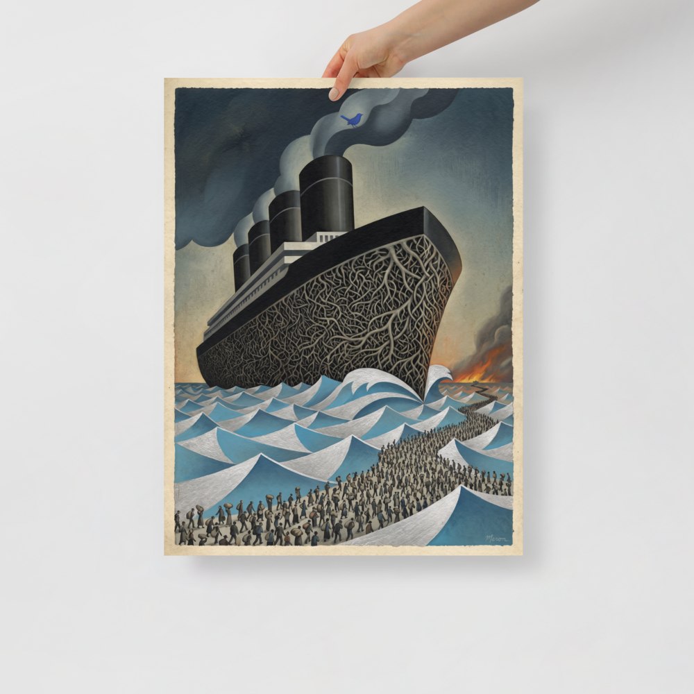 'The Rooted Voyage' — a Surrealism,Art Deco print. A surreal painting of a massive ship with a root-like hull navigating sharp waves, with a line of people walking towards it, ideal for a Library.