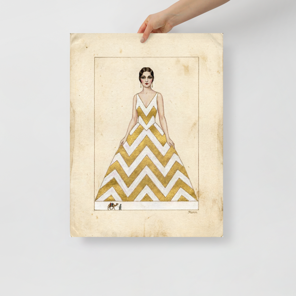 'The Golden Chevron' — a Art Deco,Surrealism print. A vintage fashion illustration of a woman in a gold chevron dress with a tiny camel and rider at her feet, suited for a Walk-in Closet.