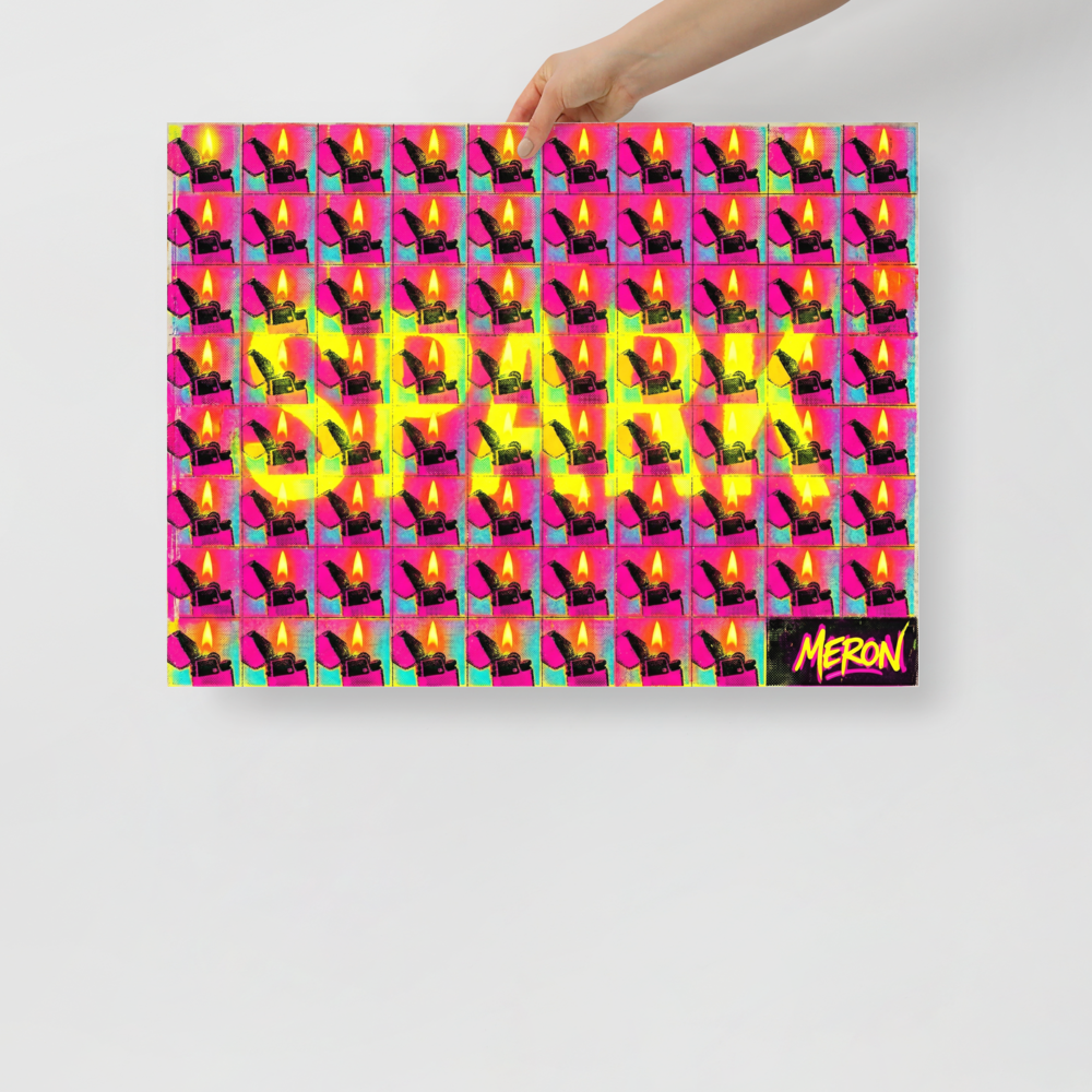 'Magenta Spark Grid' — a Pop art print. A pop art grid of flaming flip lighters in hot pink and magenta with the word 'SPARK' overlaid in large yellow letters, perfect for a Cigar Lounge.