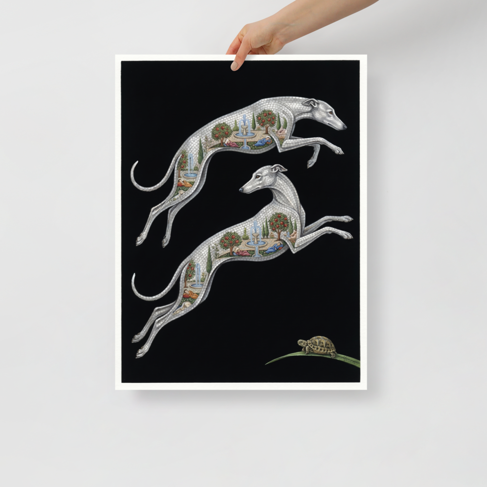 'Greyhound Gardens' — a Art Deco print. A surreal Art Deco illustration of two leaping mosaic greyhounds with miniature gardens inside their bodies, alongside a small tortoise, perfect for a modern Living Room.