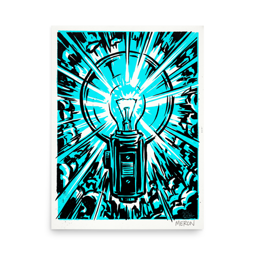 'Cyan Eureka' — a Pop art print. A high-contrast cyan and black pop art illustration of a glowing lightbulb emitting radiating beams of light, ideal for an Office.
