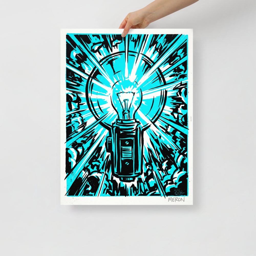 'Cyan Eureka' — a Pop art print. A high-contrast cyan and black pop art illustration of a glowing lightbulb emitting radiating beams of light, ideal for an Office.
