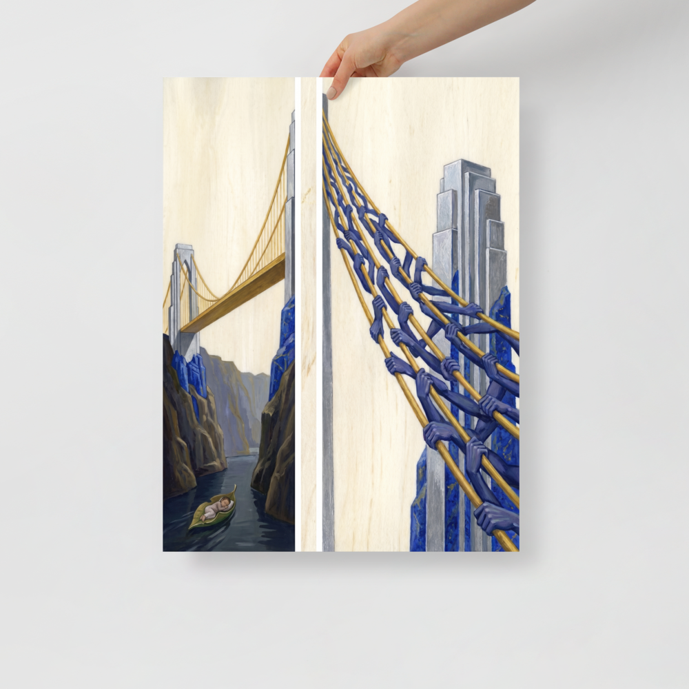 'The Pillars of Dreams' — a Art Deco,Surrealism print. A surreal Art Deco diptych painting showing a baby floating down a river beneath a giant golden bridge, whose cables are revealed to be held by dozens of blue hands.