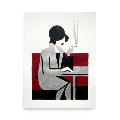 'Café Silhouette' — a Art Deco,Cubism print. A minimalist Art Deco painting of a stylized woman smoking a cigarette at a table, using black, silver, and red geometric shapes, ideal for a Bedroom or Lounge.
