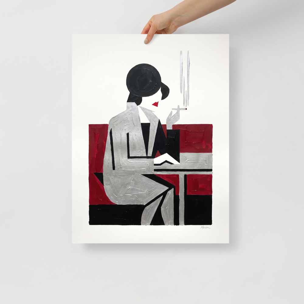 'Café Silhouette' — a Art Deco,Cubism print. A minimalist Art Deco painting of a stylized woman smoking a cigarette at a table, using black, silver, and red geometric shapes, ideal for a Bedroom or Lounge.
