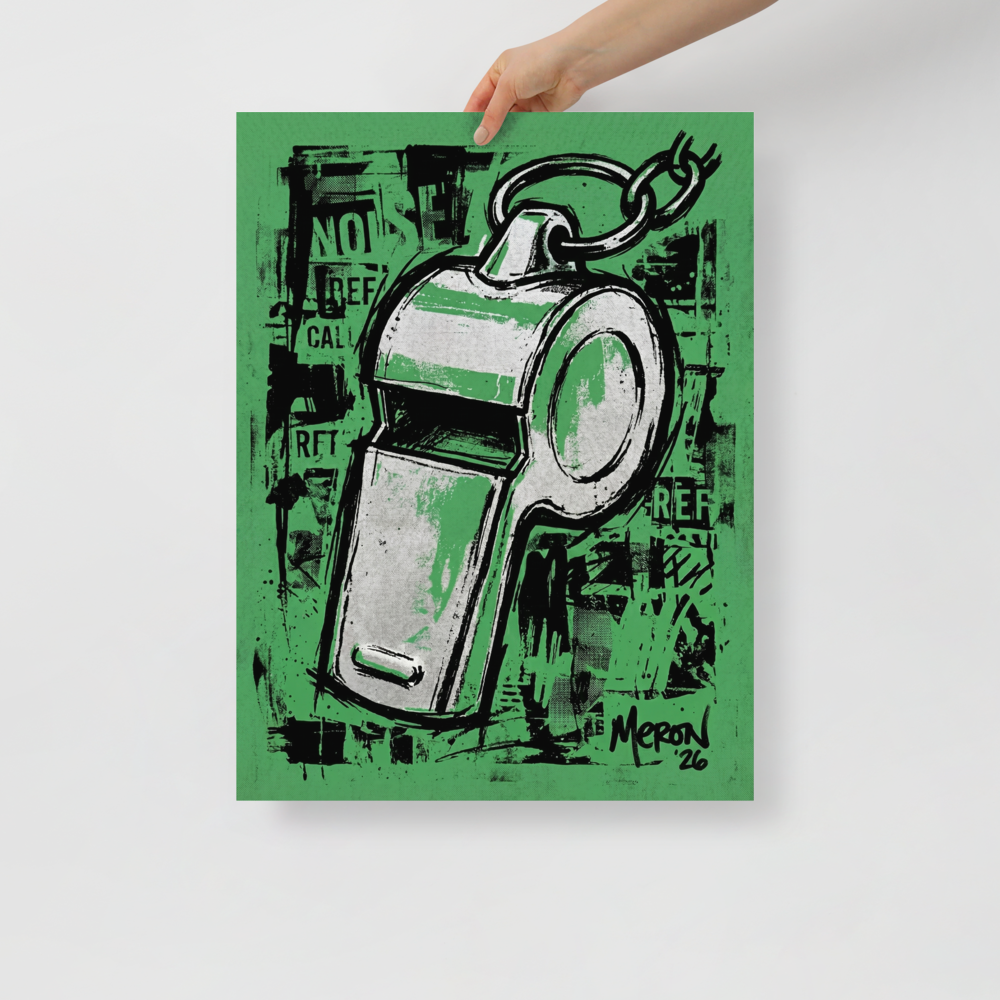 'The Referee's Call' — a Pop art print. A Pop Art style illustration of a silver sports whistle on a textured green background, ideal for a Game Room or Man Cave.