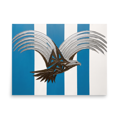 'Deco Eagle in Flight' — a Art Deco print. A stylized geometric painting of an eagle with silver wings and a bronze body flying against blue and white vertical stripes, perfect for an Office or Boy's Room.