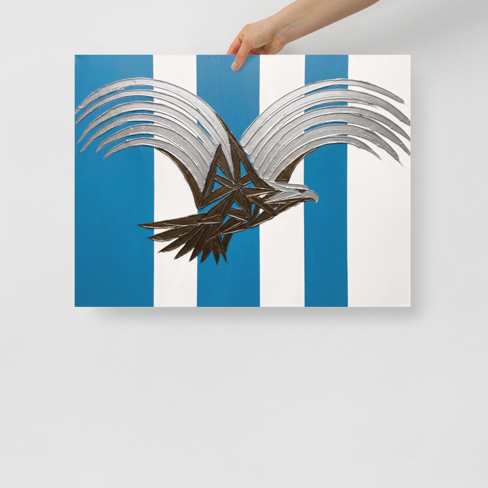 'Deco Eagle in Flight' — a Art Deco print. A stylized geometric painting of an eagle with silver wings and a bronze body flying against blue and white vertical stripes, perfect for an Office or Boy's Room.