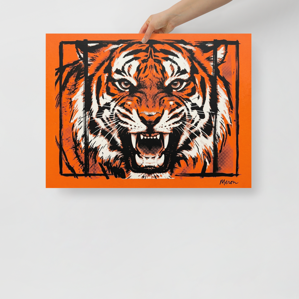 'Fierce Roar' — a Pop art print. A striking orange and black Pop Art illustration of a roaring tiger, making a bold statement in a Living Room or Office.