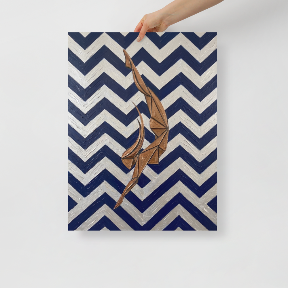 'The Deco Diver' — a Art Deco print. An Art Deco painting with thick impasto texture showing a geometric bronze diver against a background of bold silver and dark blue chevron zigzags, perfect for a Bathroom or Gym.