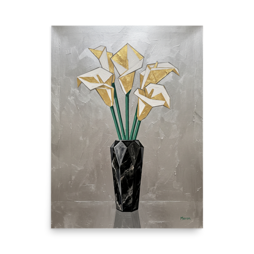 'Deco Calla Lilies' — a Art Deco print. A textured Art Deco painting of geometric white and gold calla lilies in a faceted black marble vase against a silver background, ideal for a Dining Room.