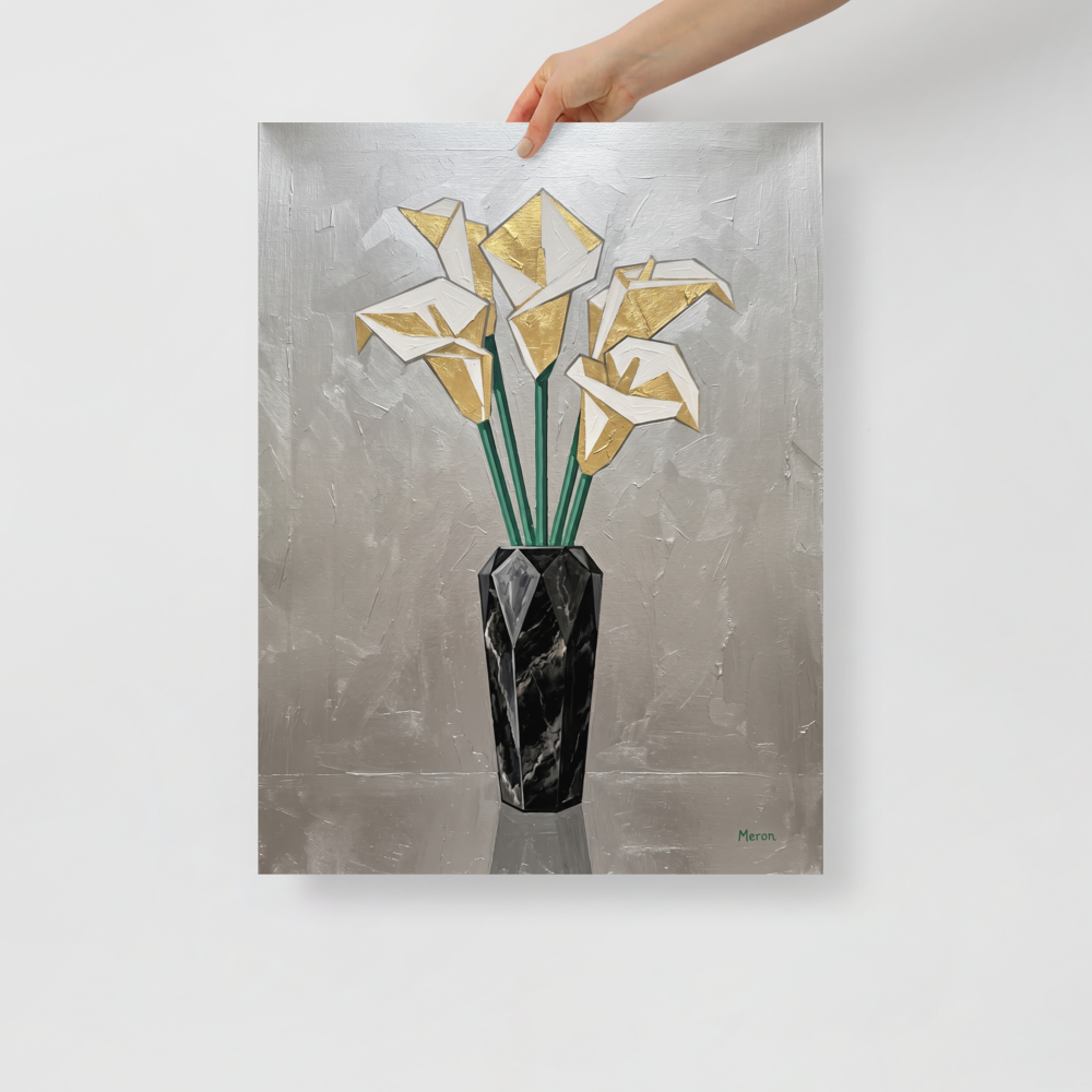 'Deco Calla Lilies' — a Art Deco print. A textured Art Deco painting of geometric white and gold calla lilies in a faceted black marble vase against a silver background, ideal for a Dining Room.