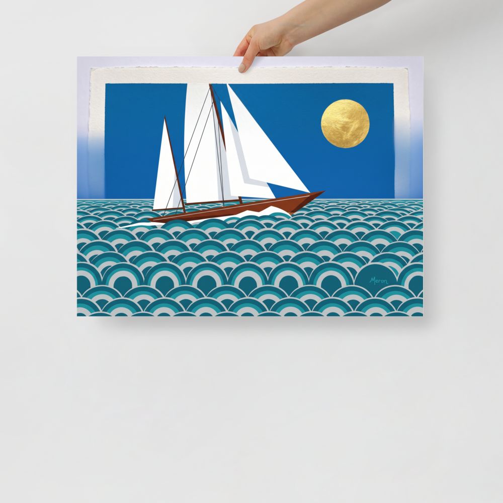 'The Deco Voyage' — a Art Deco print. A graphic Art Deco illustration of a geometric sailboat on stylized repeating waves beneath a gold metallic sun, ideal for a Bathroom or Sunroom.
