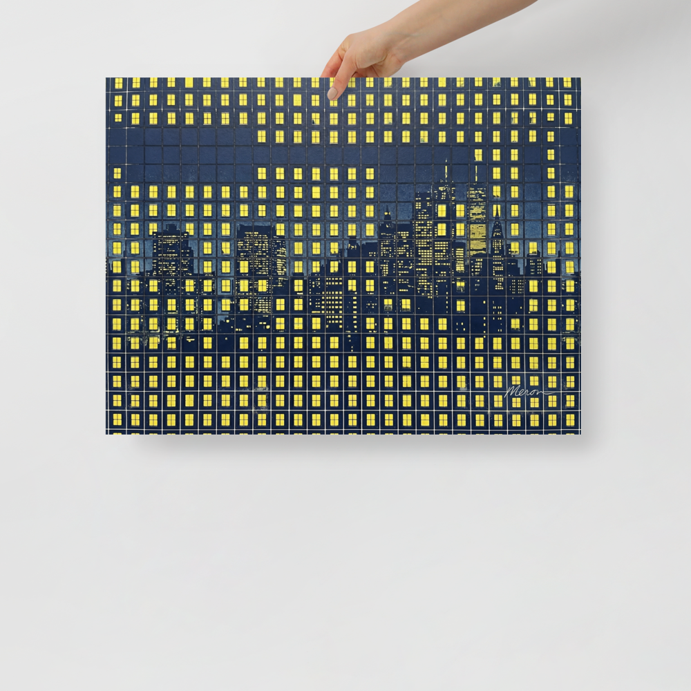 'Grid City Nights' — a Pop art print. A stylized dark blue and yellow Pop Art cityscape made from illuminated window grids, perfect for an Office or Living Room.