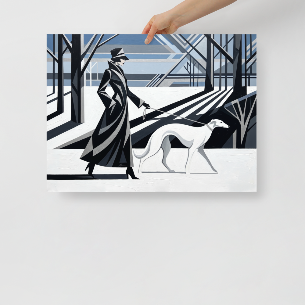 'Winter Stroll' — a Art Deco print. An elegant woman in black geometric fashion walks a white greyhound through a snowy, stylized landscape, perfect for a modern Living Room.
