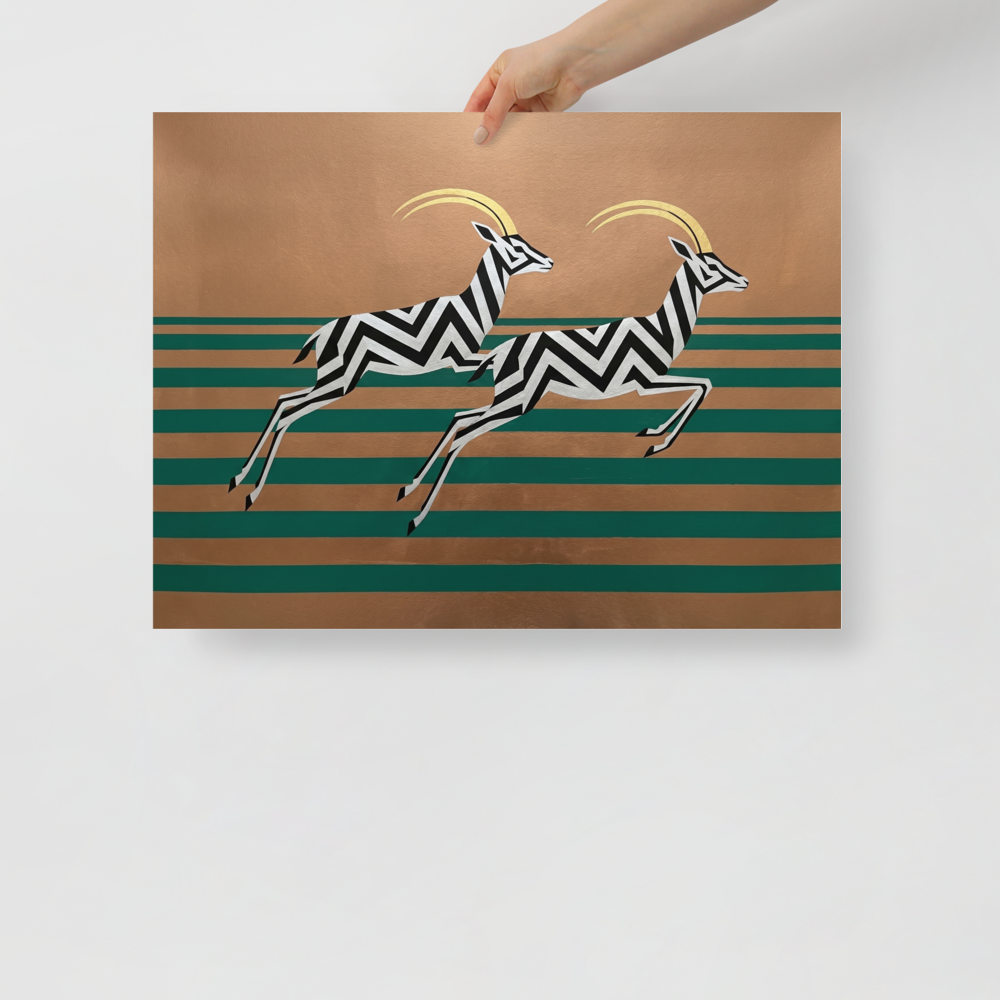 'Golden Gazelles' — a Art Deco print. A modern Art Deco painting of two leaping gazelles with black and white zigzags against a gold and teal striped background, perfect for a chic Living Room.